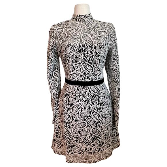 Lost + Wander lace Above The Knee Dress in Cream/Black W/Velvet waist detail  L - Picture 1 of 11